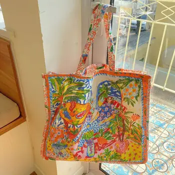 Холщовая сумка с принтом тайской масляной живописи, портативная Большая вместительная сумка с надписью 