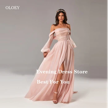 Элегантные вечерние платья OLOEY из пудрового розового шелка и шифона для выпускного вечера с открытыми плечами, пышными длинными рукавами и разрезом, простые вечерние платья для официальных вечеринок