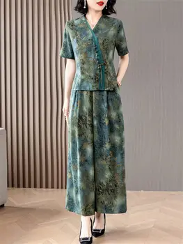 Элегантный Брючный костюм 2023 Весна/Лето В китайском стиле, Модный Удобный Свободный Топ с принтом зеленых листьев и широкие брюки Z1218