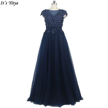 Это Yiiya, Настоящее фото, Вечернее платье Темно-синего цвета с цветочным рисунком и круглым вырезом, Трапециевидной формы, Длина до пола, Плюс размер, Женское вечернее Платье, robe de soiree LF135