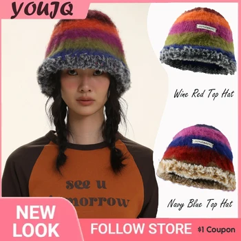 Японские нишевые дизайнерские шерстяные шляпы-ведра для женщин, вязаные крючком ручной работы, полосатая контрастная цветная кепка для бассейна, дорожные Gorras