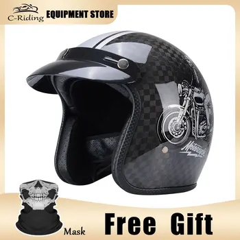 Яркие черные матово-черные Мотоциклетные шлемы из углеродного волокна с половиной лица Ручной работы, суперлегкий Винтажный шлем, шлем для скутера 3/4