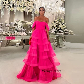 Яркие Ярко-розовые вечерние платья Verngo с многослойной юбкой трапециевидной формы, длиной до пола, с открытыми плечами, африканские женские платья для выпускного вечера, вечеринка
